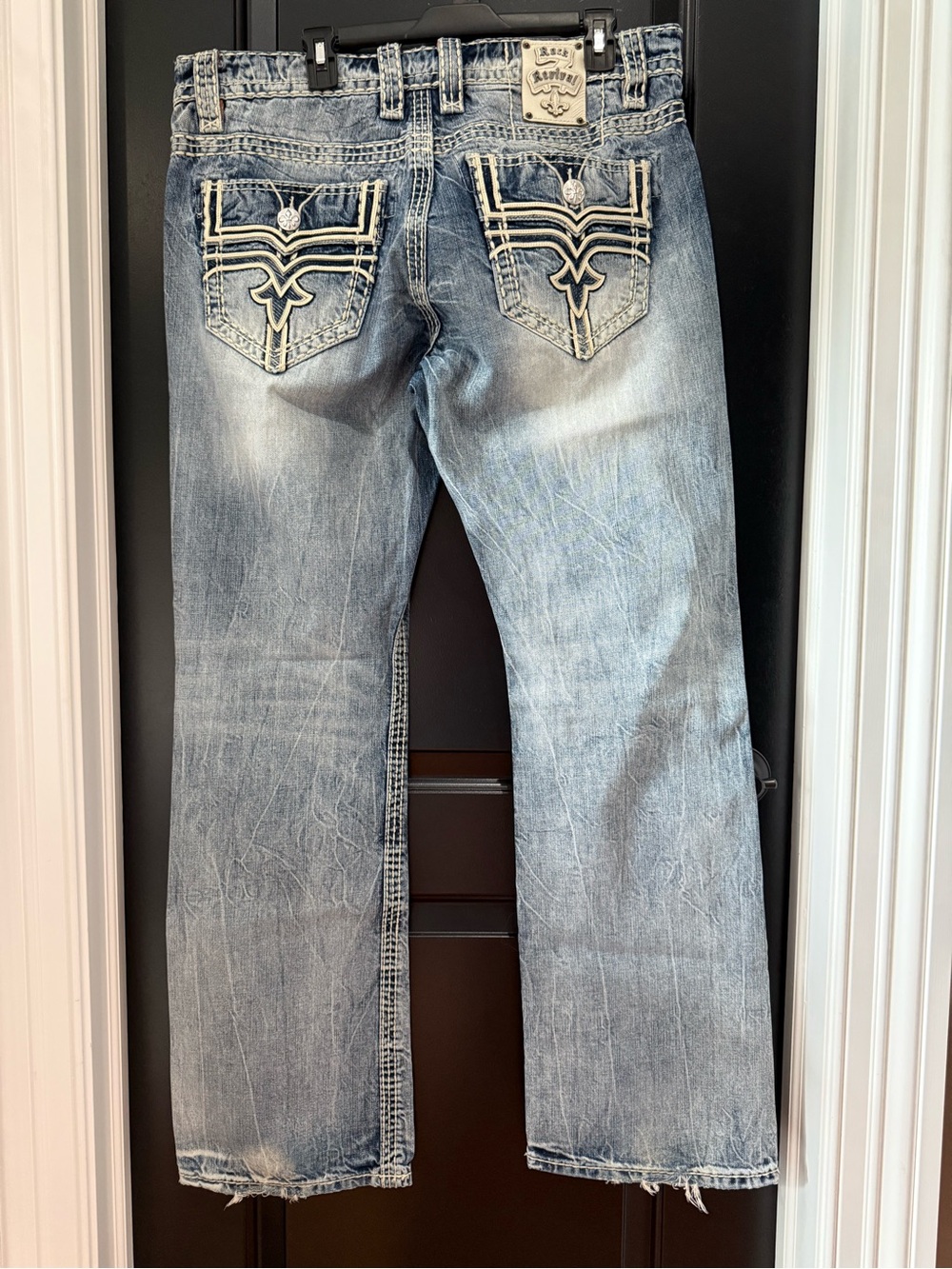 Rock Revival Igor Boot Cut Light Blue Distressed Embroidered Back Pocket Jeans